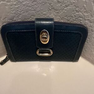 Jimmy Choo Turn Lock Zip Around Long Wallet Dark Blue Perforated Leather